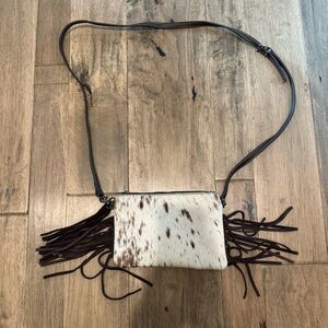 Brown and White Cowprint Fringe Crossbody Bag